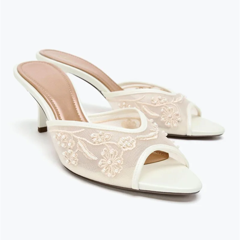 شبكة اللؤلؤ مزين الزهور النعال المرأة مثير اللمحة تو الصنادل صندل كعب أنيق للسيدات مصمم البغل الأحذية #5