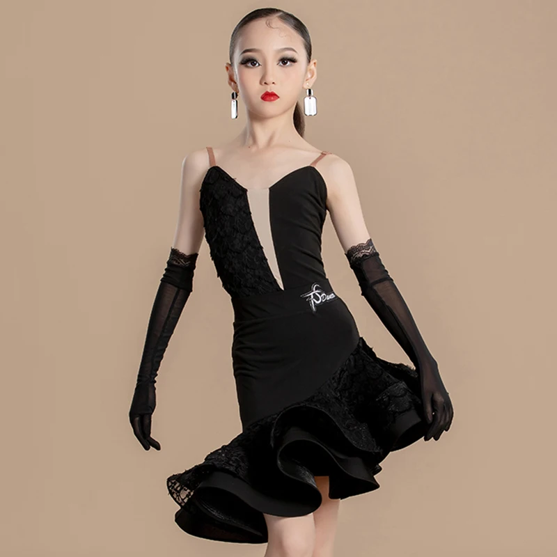 Lace Backless Latin Dance Dress Kids Girls Practice Bodysuit and Skirts Professional Competition Dance Performance Dancewear