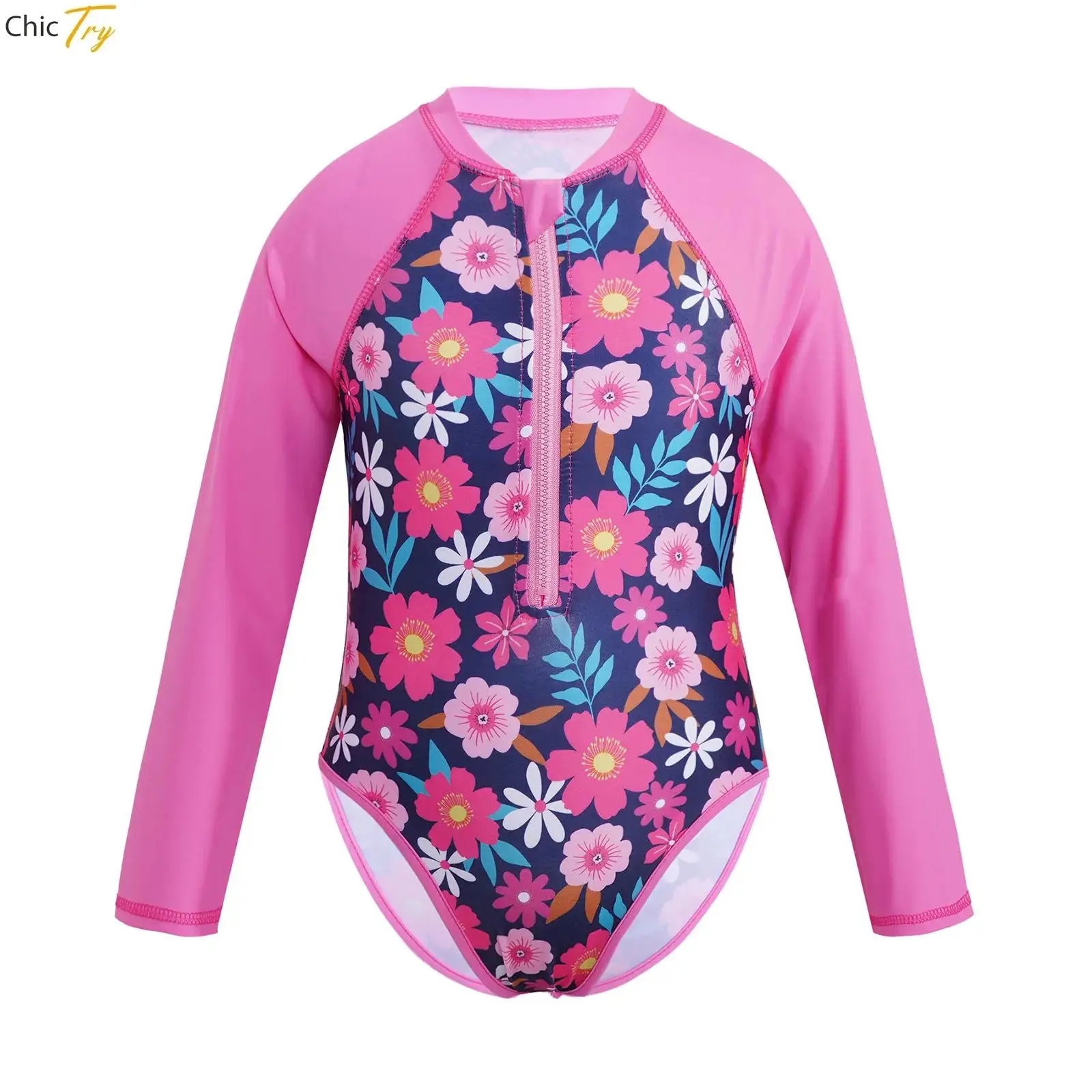 Kids Girls Swimwear Ballet Dance Leotard Long Sleeves Zippered Swimsuit Children Swimming Beachwear Bathing Suit Rash Guard