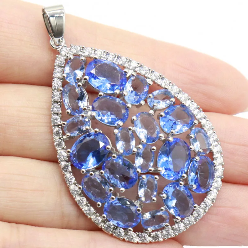 

56x34mm Delicate Fine Cut Rich Blue Violet Tanzanite White CZ For Women Daily Wear Silver Pendant