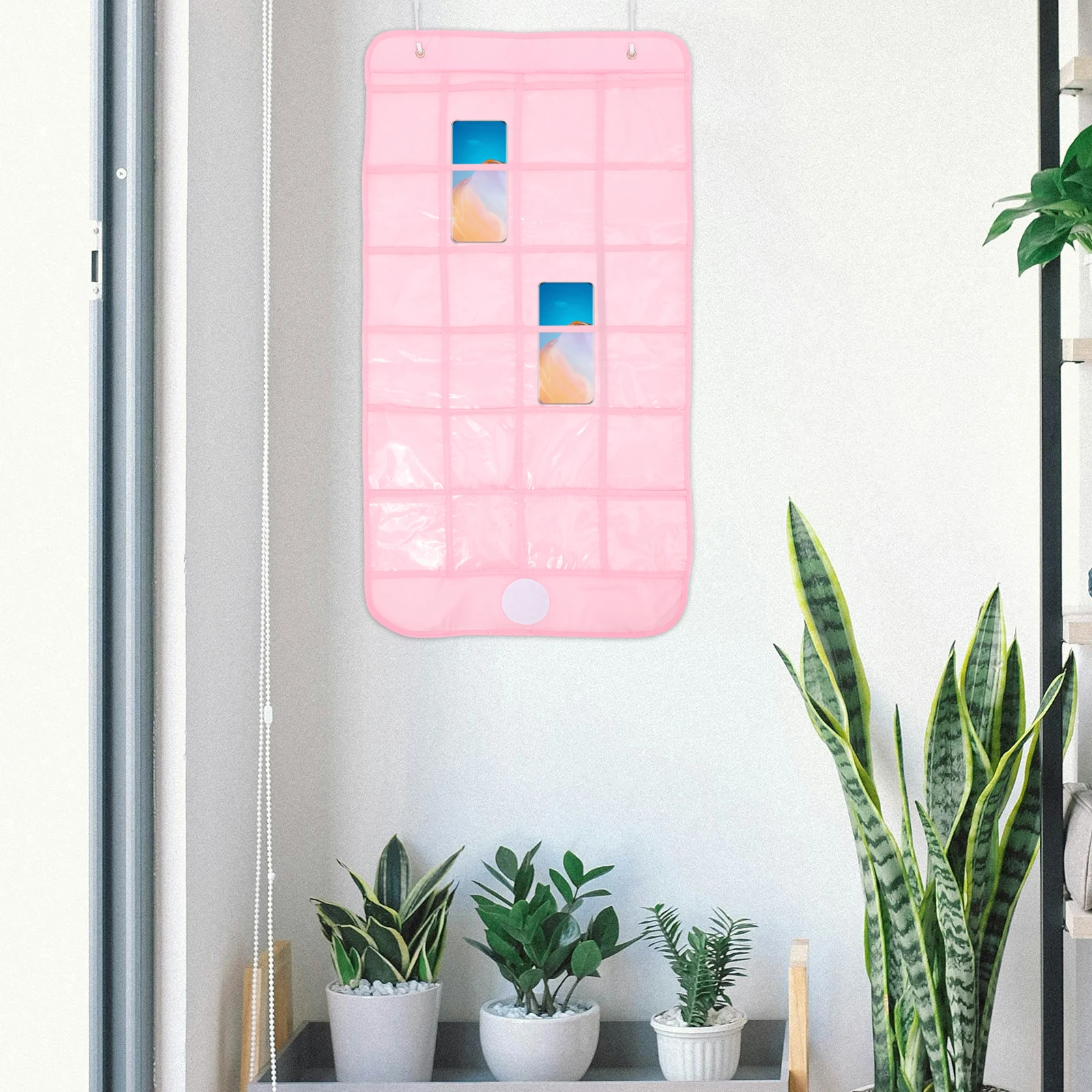 

Classroom Pocket Chart Organizer Transparent Phone Calculator Storage Bag Oxford Cloth Hanging Door Mounting Pink