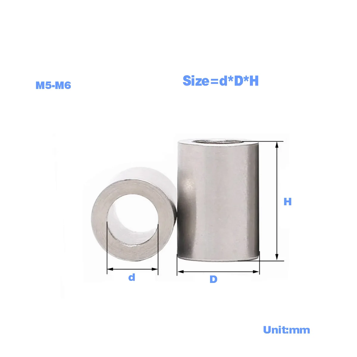 304 Stainless Steel Elongated Cylindrical Steel Sleeve, Hollow Toothless Bushing M5M6