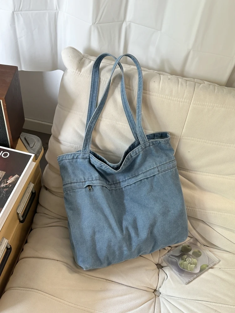 Trendy Japanese Style Large Capacity Denim Tote Bag Women's Single Shoulder Bag Korean Version Commuter College Student Compu...