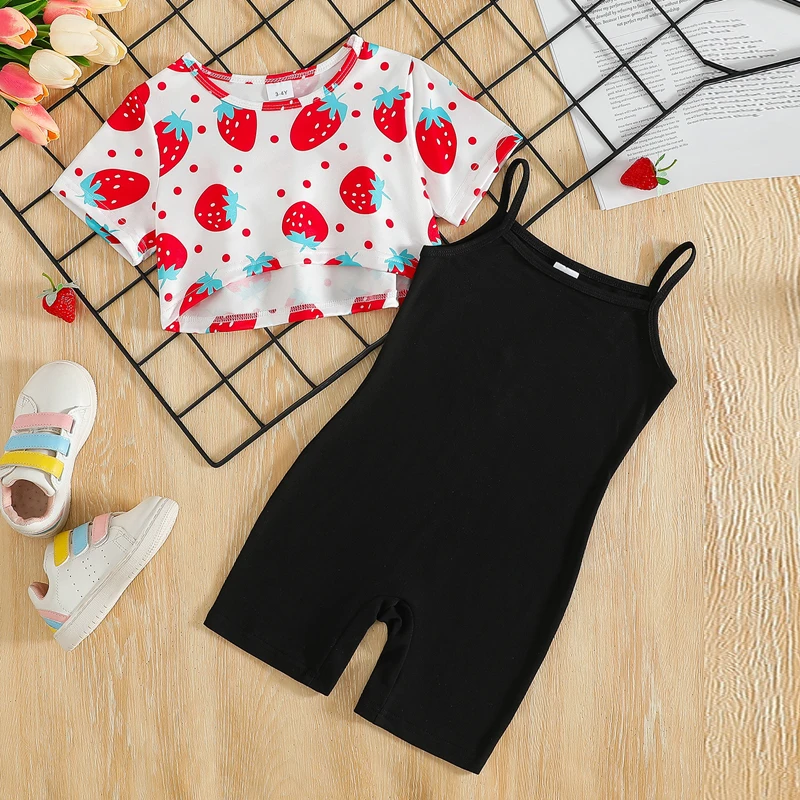 

3-10Y Girls Summer Outfit Strawberry Print Short Sleeves T-Shirt and Shorts Jumpsuit Set Cute 2 Piece Clothes