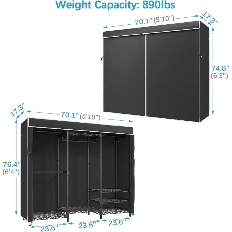 Heavy Duty Covered Clothes Rack Portable Bedroom Armoires Rack, Black Metal Clothing Rack with Black Cover, Adjustable