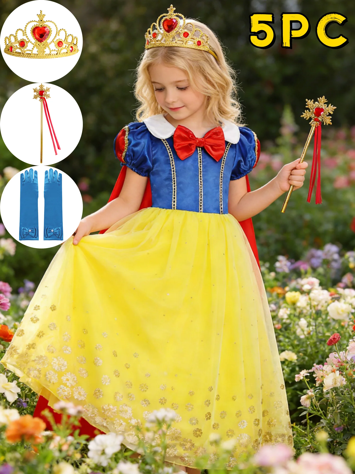 Popular Movie LED Princess Dress, White Snow Dress, With Cape And Headpiece For Halloween Carnival Birthday Party Cosplay