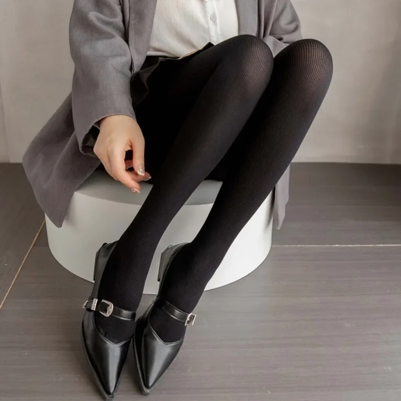 Knit Tights Ribbed Pantyhose Women Lace Sexy Black See-Through Stockings Soft Striped Skinny Leggings Fashion Ladies Pantyhoses