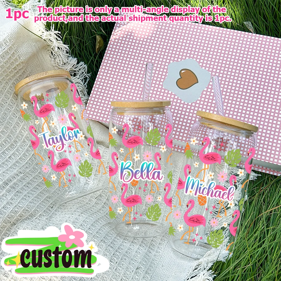 1pc Customized Flamingo Pineapple Printed 16oz Glass Cup with Bamboo Lid&straw Drinkware Gifts for Birthday Back-to-School