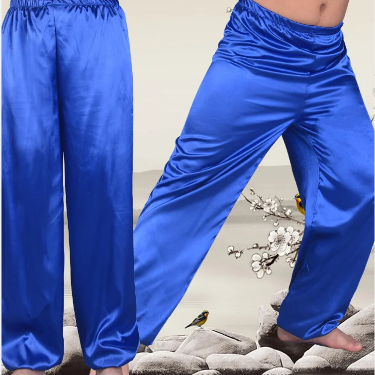 No pockets glossy satin pajamas pants Men silk loose sleeping plus size trousers