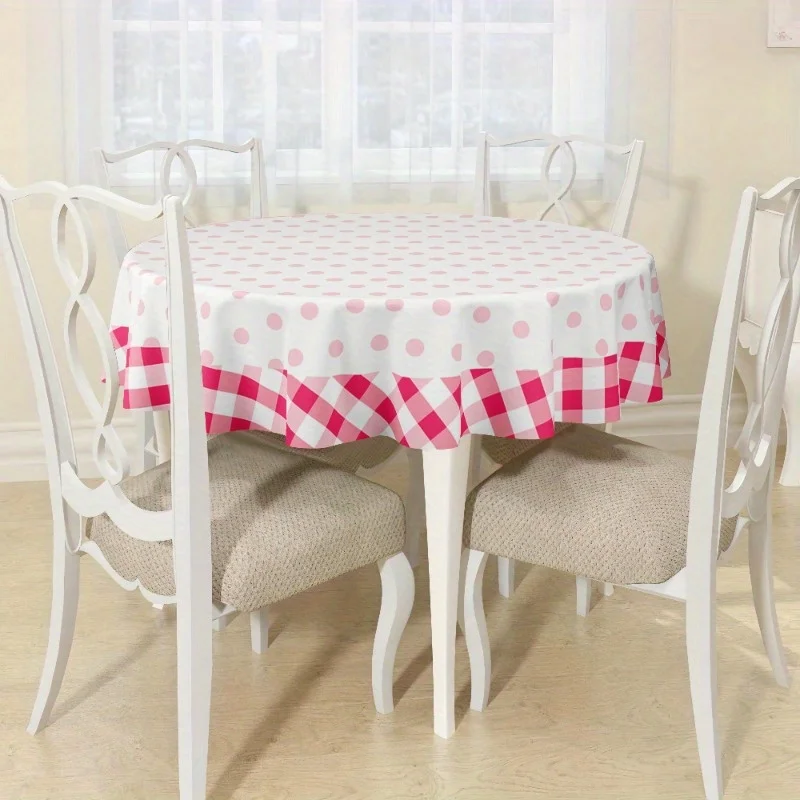 One classic check and polka dot polyester round tablecloth - designed in a rural farmhouse style.