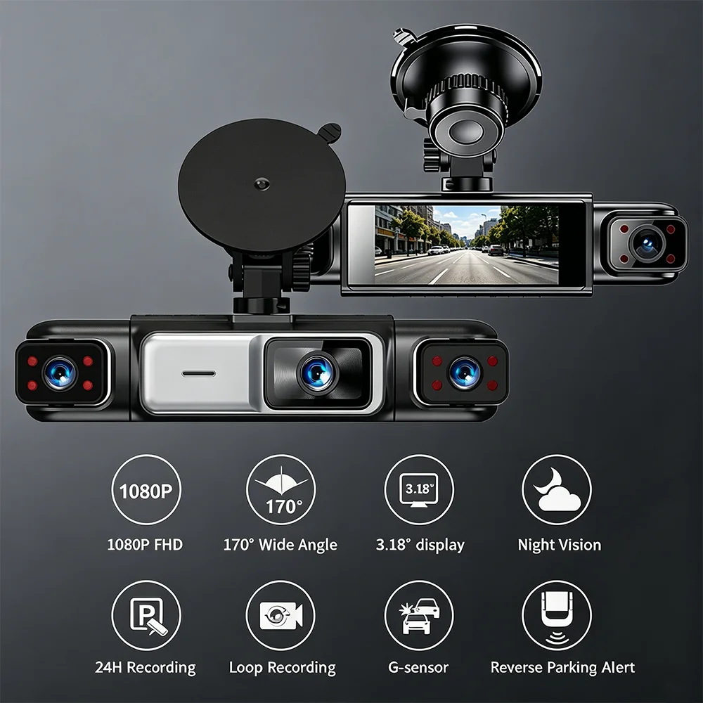 Dash Cam 4 Car Cameras Black Box Night Vision 24/7 Parking Reverse Parking Alert Video Recorder  Loop Recording G-Sensor Car DVR