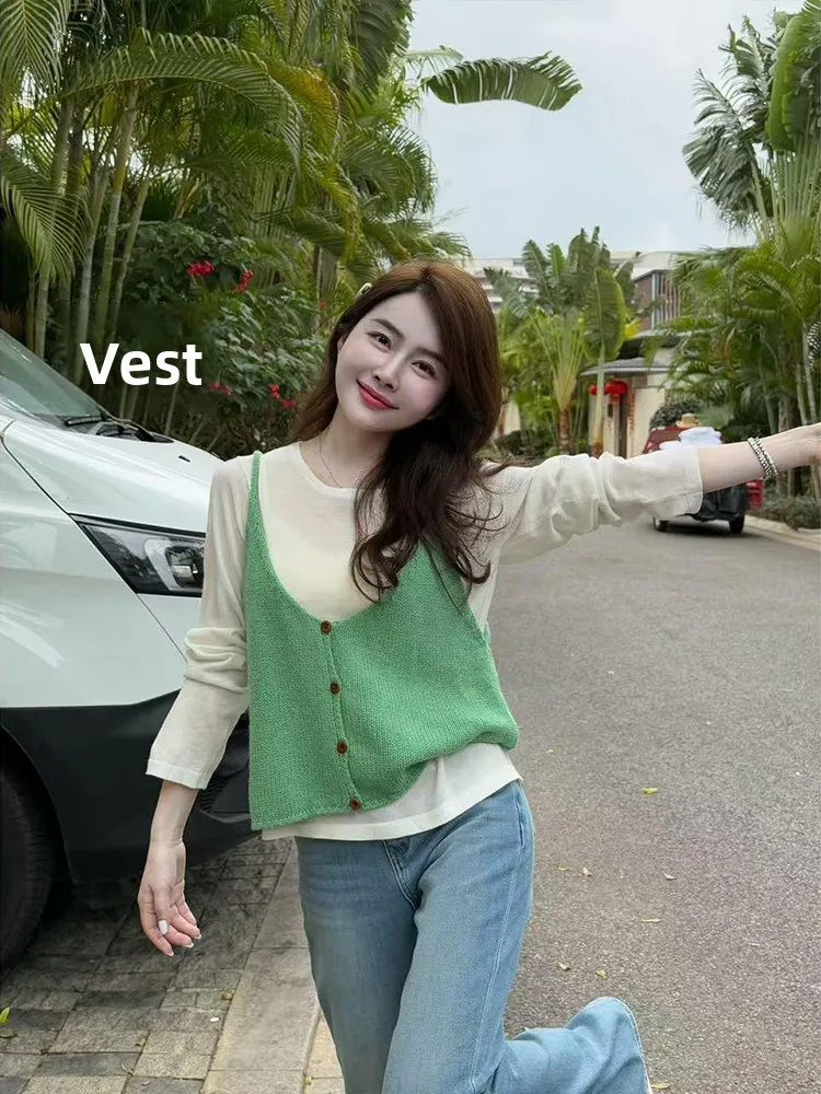 Retro Knitted Strap Vest Women's Spring New Style Shirt Outerwear Layering Sweater Vest Loose Fit Single Button Closure ...