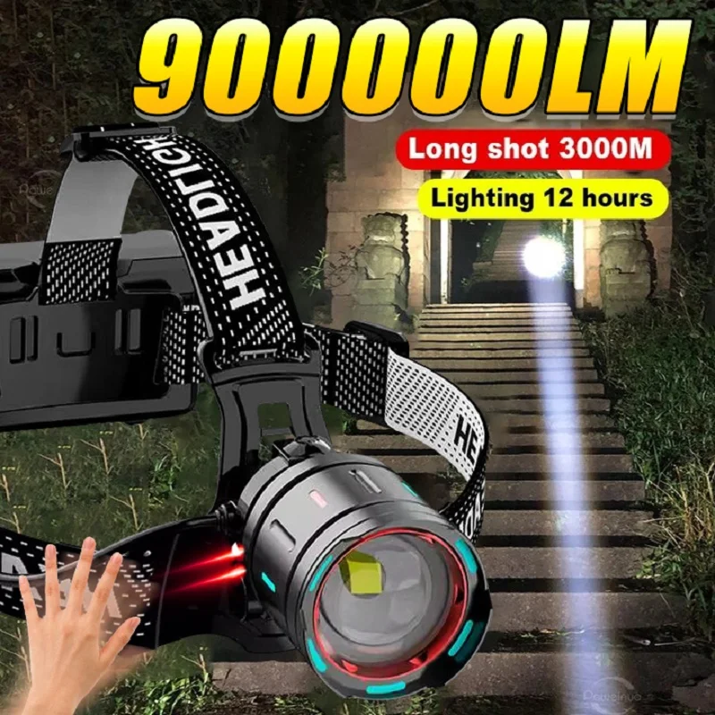 

9000000LM Powerful Head Lamp Super Bright White Laser Front LED Head Flashlights 3*18650 USB Rechargeable Waterproof Head Torchs