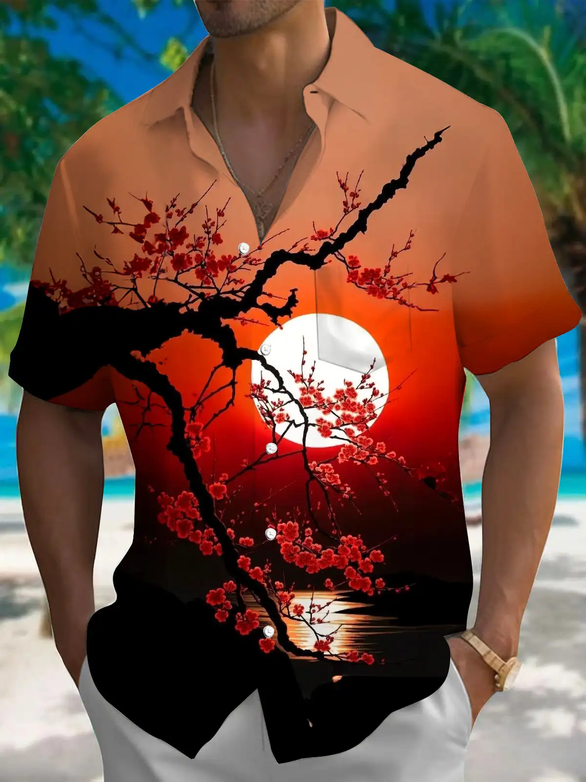 New Hawaii Spring/Summer Fashion Leisure Street Walk Tourist Beach Printed Full Open Short Sleeve Button Shirt, Quick Shipping