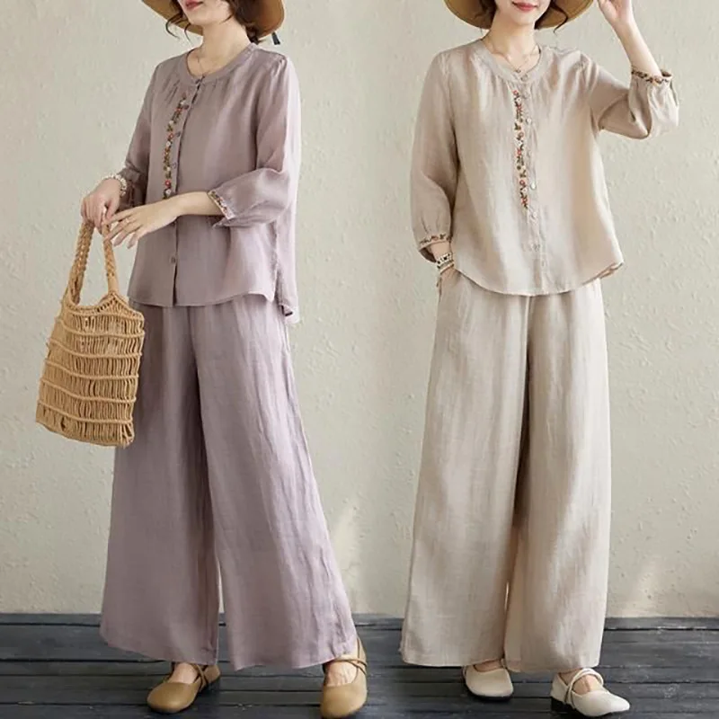 

Woman's Suit New Chinese Style Embroidered Shirt Loose Casual Pants Two-Piece Set Casual Suit South East Asia Summer Set
