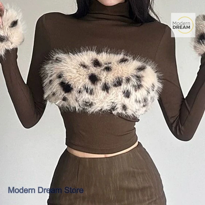 American Spice Girl Temperament Spleißen Leopardenmuster hochgeschlossenes Langarm-T-Shirt weiblicher Frühling neues kurzes Hemd mit Bodenbildung