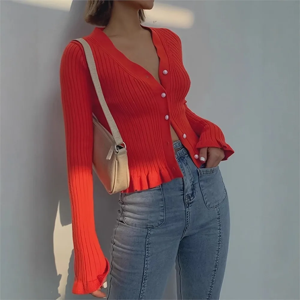 

Autumn Women's Elegant V-Neck Ruffled Knitted Cardigan Top Fashionable And Elegant Female Single-breasted Orange Sweater 2025