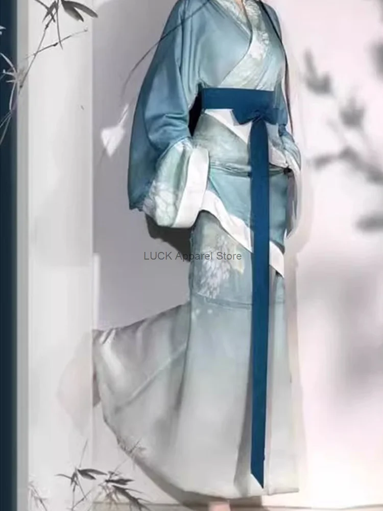 Hanfu Double Wrapped Around The Lake Blue Fish Tail Hanging Hu Sleeves Curved Train Non Film Studio Ancient Costume