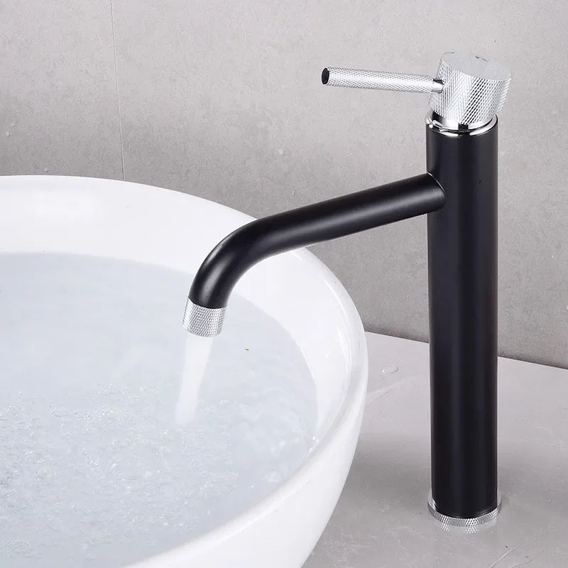 

Basin Tall Faucet Deck Mounted Black Bathroom Sink Tap Single Handle Hot and Cold Water Mixer Brass Faucets