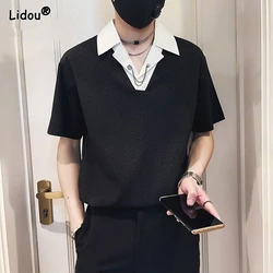 Pullovers Loose Handsome Solid T-Shirts Spring Summer Short Sleeve Patchwork Man Turn-down Collar Fashion Casual Men's Clothing