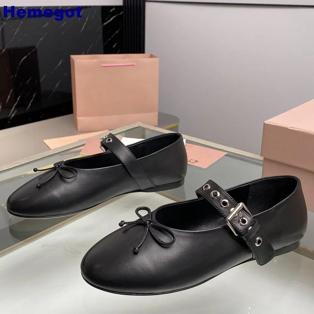 Genuine Leather Bow Ladies Mary Janes 2024 Summer New Fashion Ladies Ballet Shoes Round Toe Rivet Buckle Sports Casual Flat Shoe