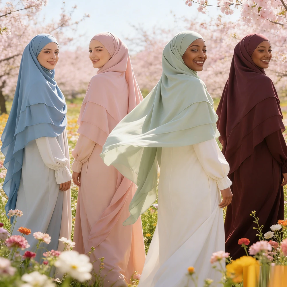 

Muslim Women Chiffon Headscarf Eid Khimar Djellaba Ramadan Islam Prayer Garment Niqab 2 Layer Hijab Turban Turkey Headdress Wrap