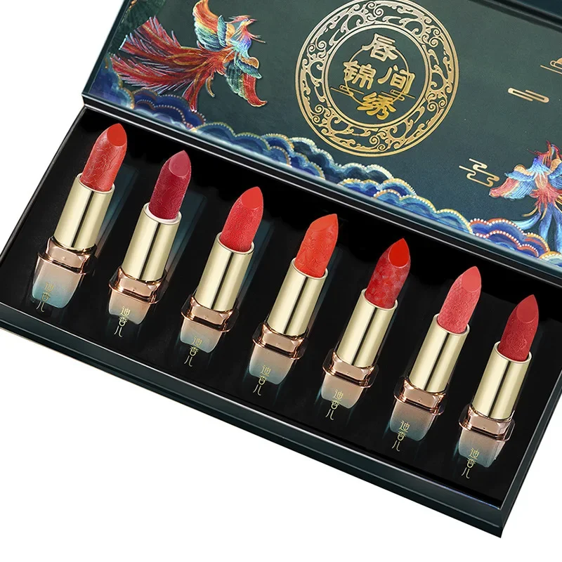 Set di rossetti intagliati in stile cinese da 7 pezzi set di trucco per il regalo di compleanno di capodanno di san valentino idratante a lunga durata