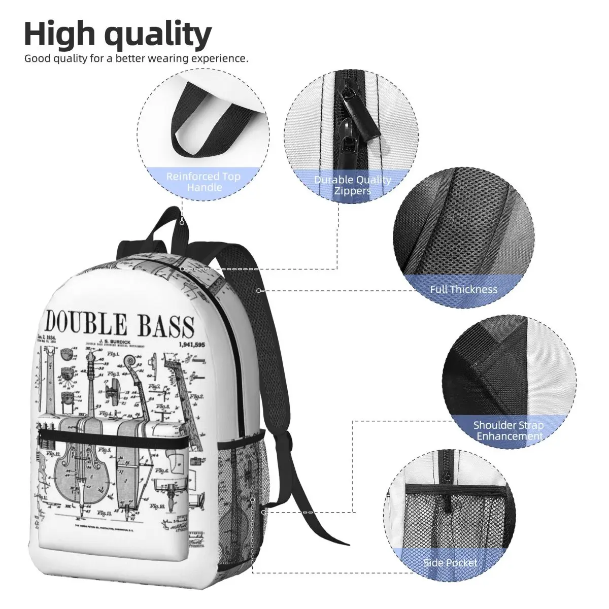 Double Bass Player Bassist Musical Instrument Vintage Patent Backpack Daypack Kid BookBag School Bag Shoulder Bags for Men Women