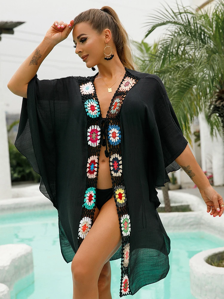 

Summer Bohemian Unfixed Knitted Flower Beachwear Woman Summer Cardigan Dress Short Sleeve Black Bathing Suit Cover Up Beachwear
