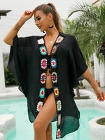 Ropa de playa de punto sin fijación bohemia para mujer, cárdigan de verano, vestido de manga corta, traje de baño negro, ropa de playa para cubrir