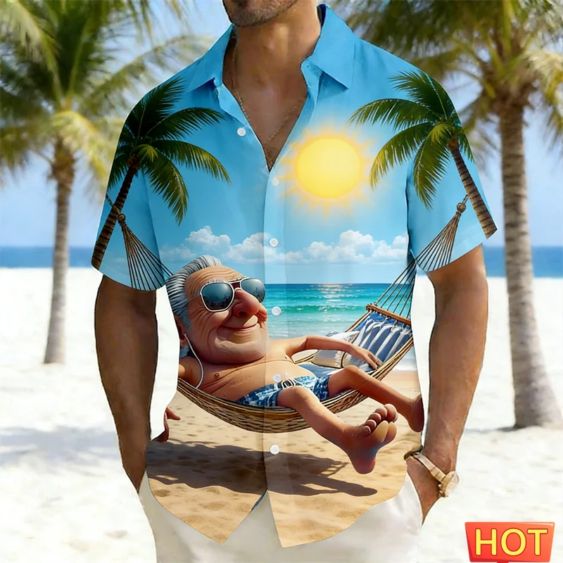 

Гавайская рубашка с забавным принтом для мужчин и женщин: пляжный гамак и пальмы, повседневная модель с коротким рукавом на пуговицах для отпуска