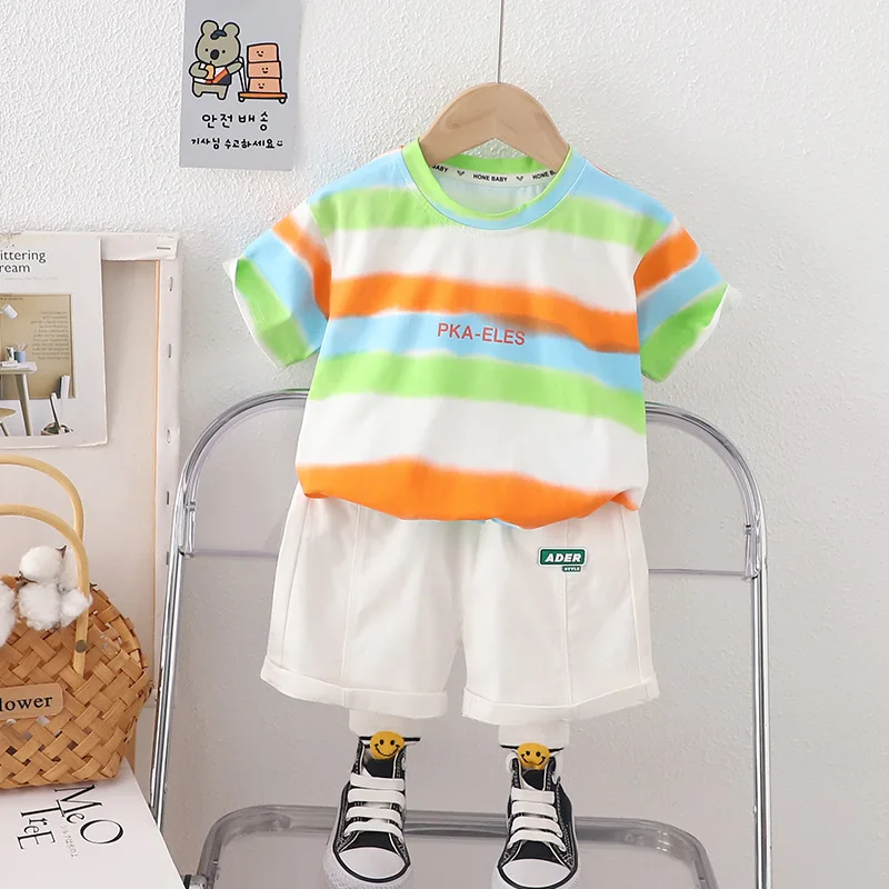 Conjunto de verano para niños pequeños, camisetas de manga corta y pantalones cortos a rayas de lujo, trajes de 2 piezas, ropa de Boutique para bebés, 2024