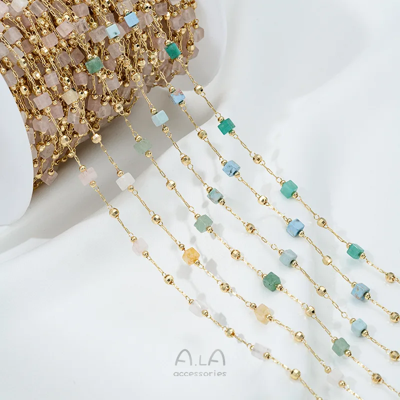 14K Gold Color Small Square Natural Crystal Strawberry Crystal Yellow-green Jade Turquoise Bead Barrier Chain DIY Loose Chain