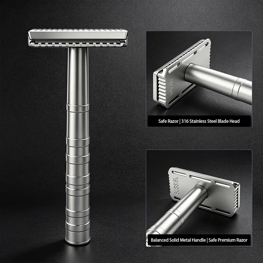 Vintage Open Comb Stainless Steel Safety Razor, Segmented Non-Slip Handle Metal Double Edge Shaver for Men Classic Wet Shaving