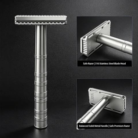 Vintage Open Comb Stainless Steel Safety Razor, Segmented Non-Slip Handle Metal Double Edge Shaver for Men Classic Wet Shaving