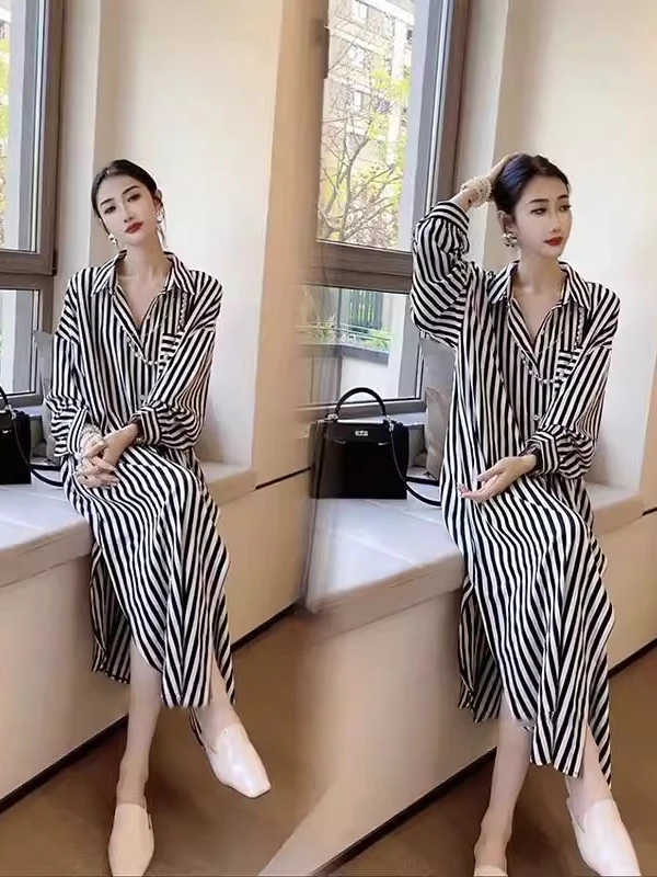 

Spring 2026 Women's Loose Fit Long Sleeve Collar Striped Shirt Dress mid Length Slimming UV Protection Casual Wear
