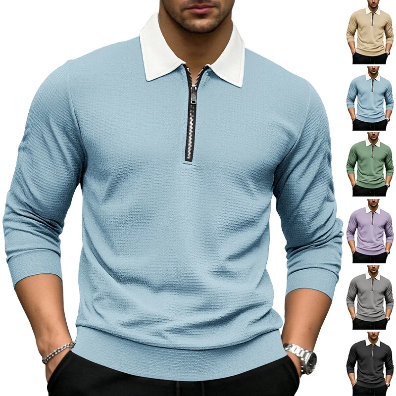 

Men's Solid Color Waffle Long-Sleeved Shirt Spring Casual Sporty Lapel Zipper Design for Comfortable Fashionable Look