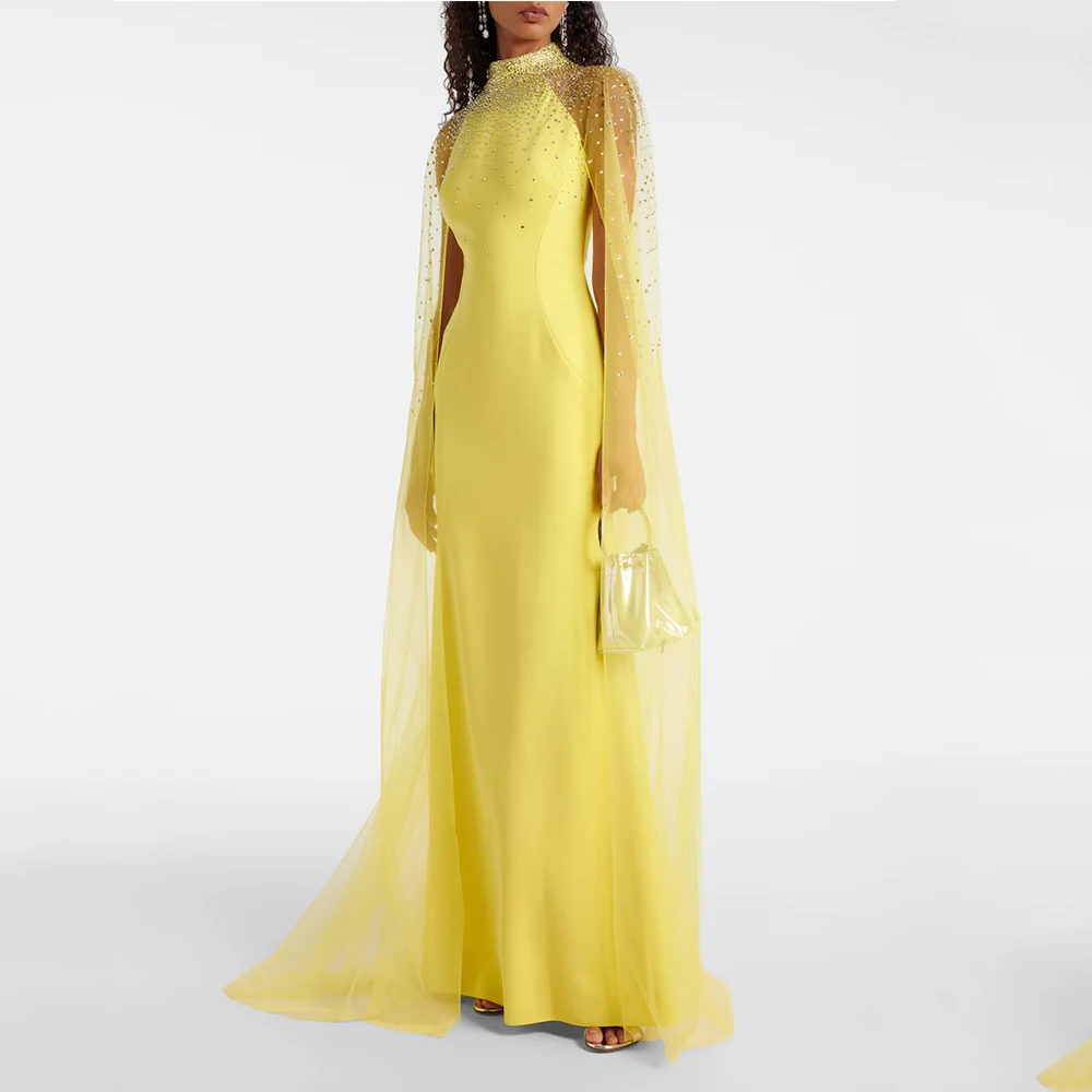

Yellow Evening Gown For Women Mermaid Formal Party Dress Floor Length Saudi Dress Beading Prom Dress With Tulle Cloak Sleeves
