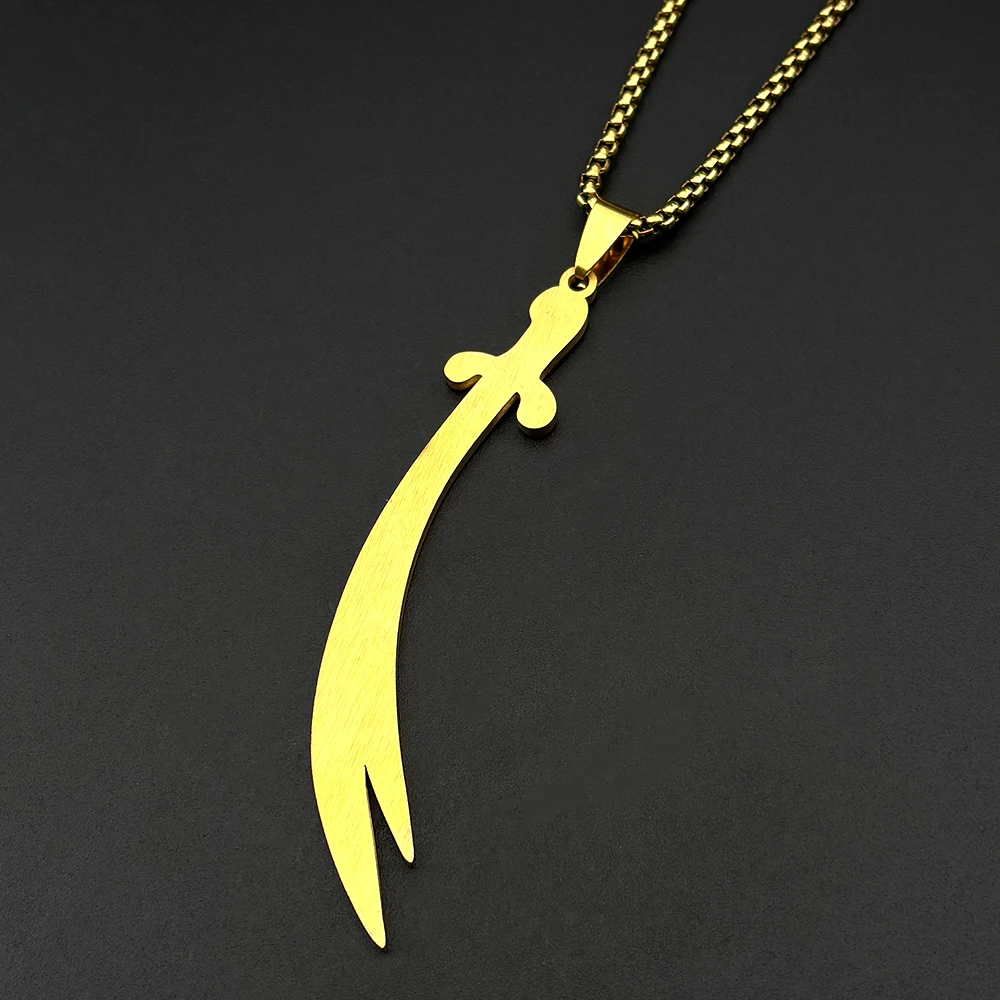 Arabic Ali Sword Knife Pendant Necklaces for Women Men Stainless Steel Gold Color Enamel Muslim Islamic Quran Chain Jewelry Gift - view 4