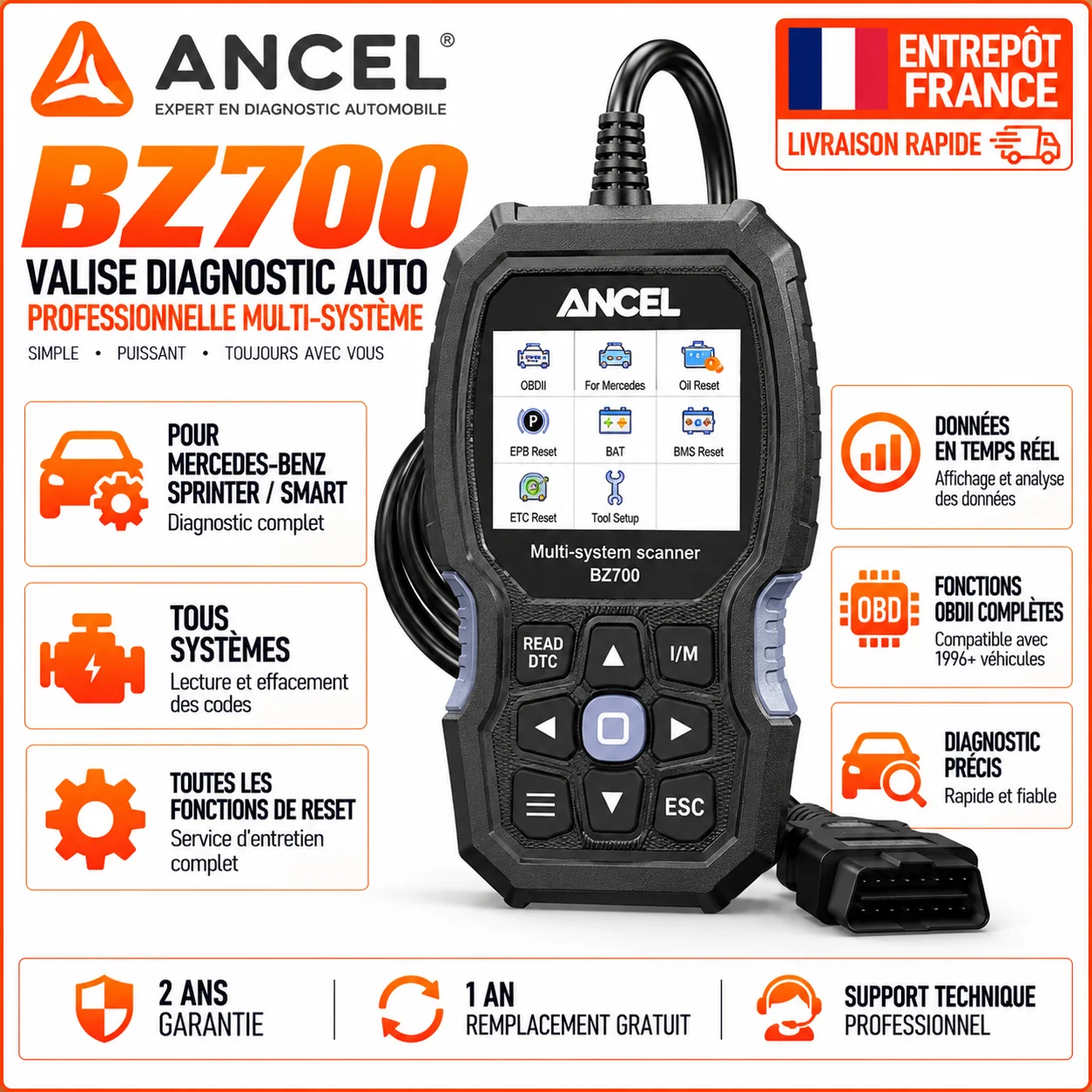 ANCEL OBD2-Scanner für Mercedes Benz Sprinter Smart Vollsystem-Autodiagnosegerät mit allen Reset-Funktionen, Kfz-Scan-Tool, ABS, SRS, Motor, Getriebe, Fehlercode-Lesegerät