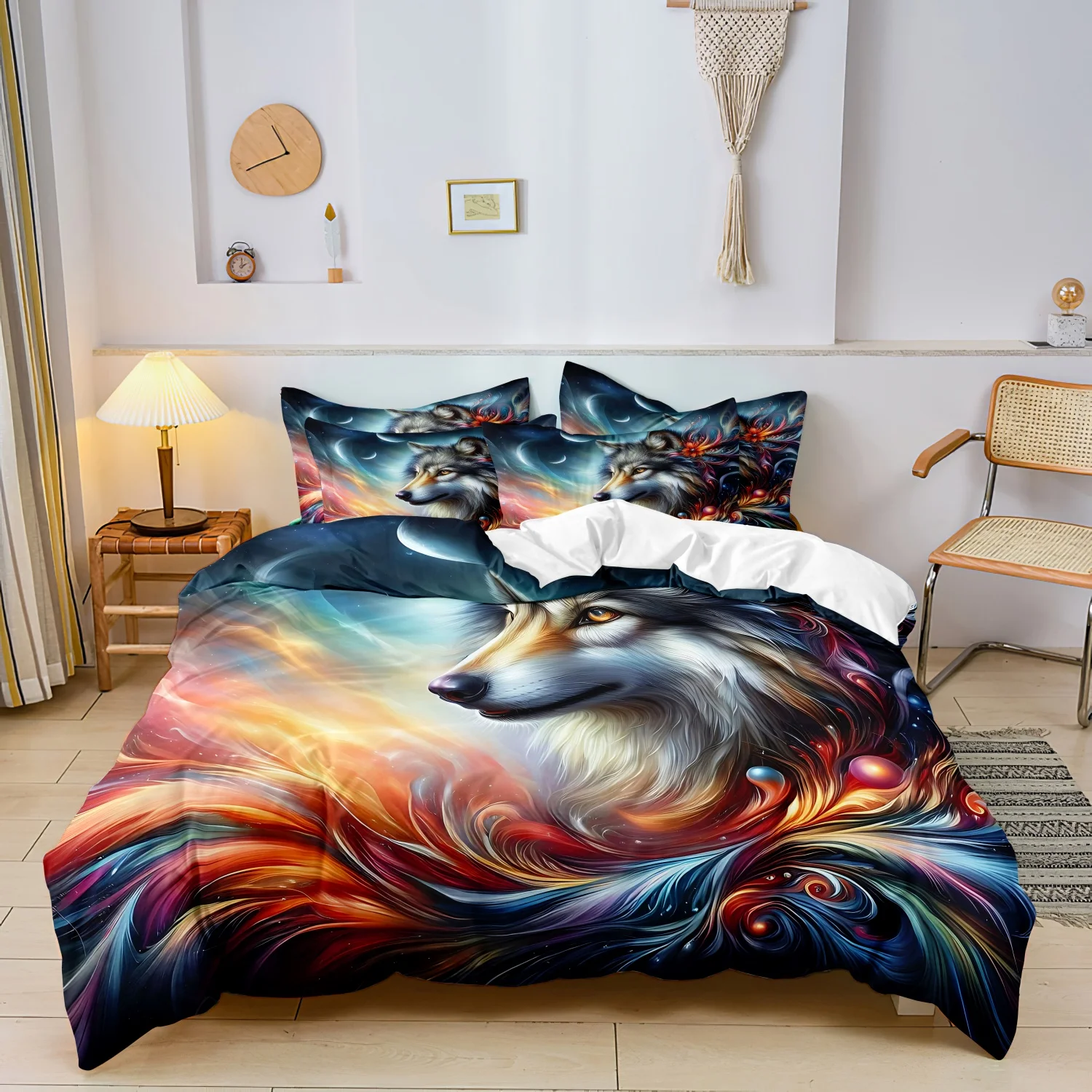 Colorful Swirl Galaxy Wolf Moon Print 3 Pieces Duvet Cover Bedding Set, Fantasy Nebula Wild Wolf Starry Sky Print Bedding