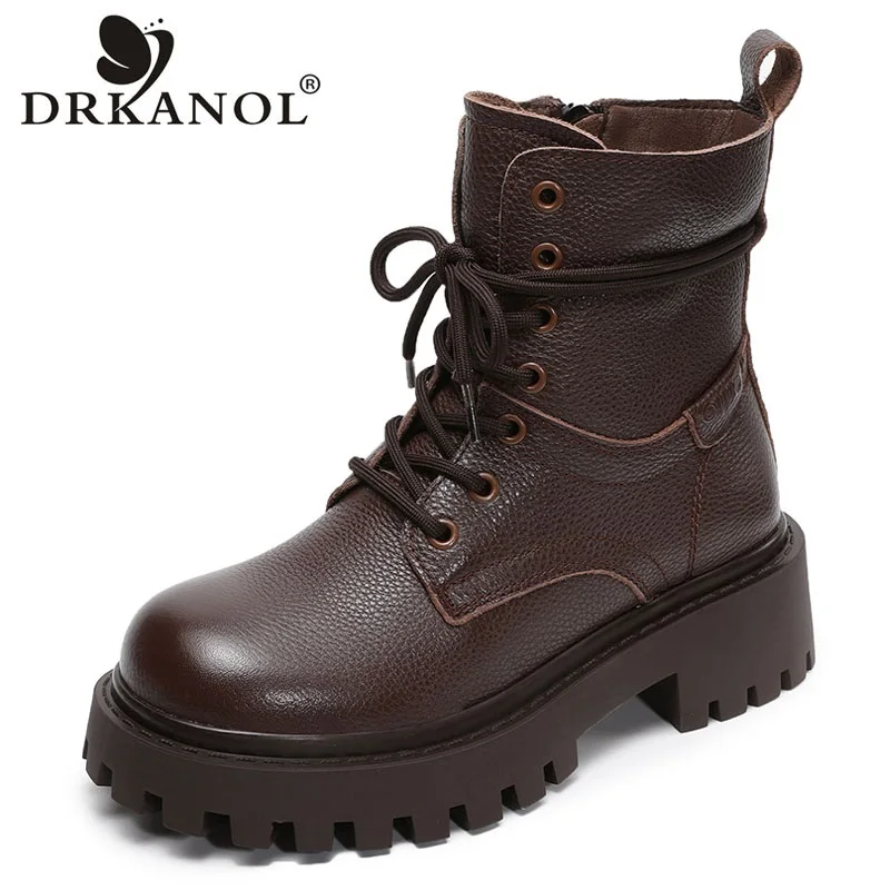DRKANOL Handmade Retro Women Thick Heel Ankle Boots Autumn Winter Plush Warm Platform Boots Street Style Trend Casual Warm Boots
