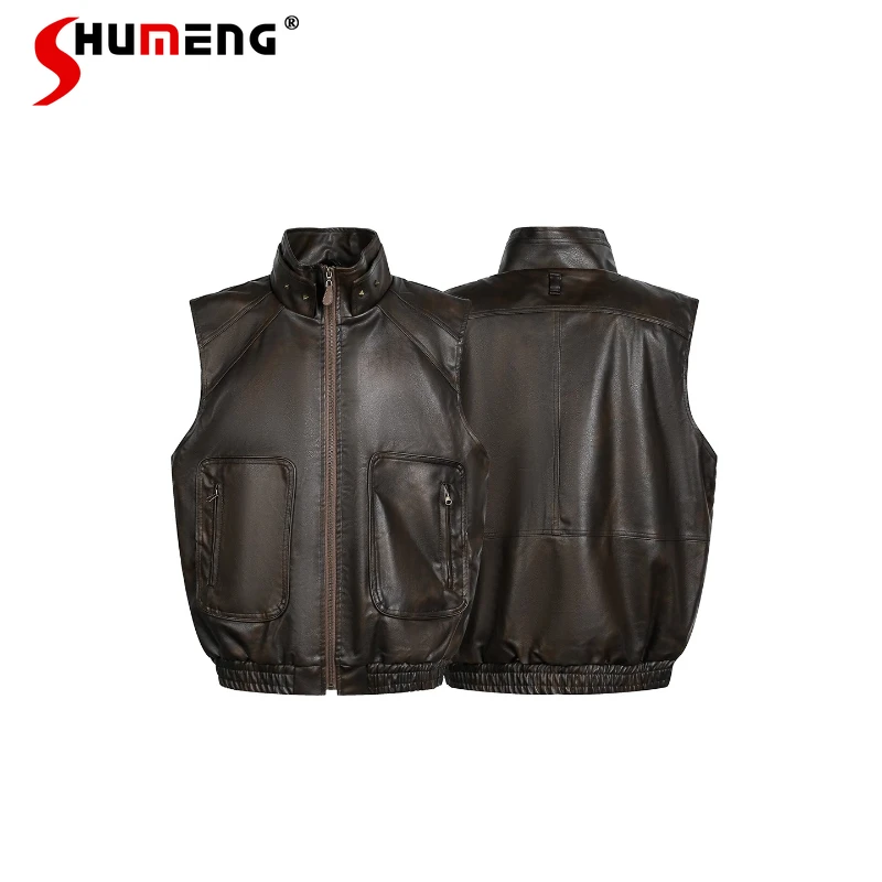 النمط الأمريكي الرجعية بولي Leather الجلود الوقوف طوق سترات الرجال النساء 2025 شتاء جديد الاتجاه الدافئة سترات سترة جيب الديكور تانك القمم #1