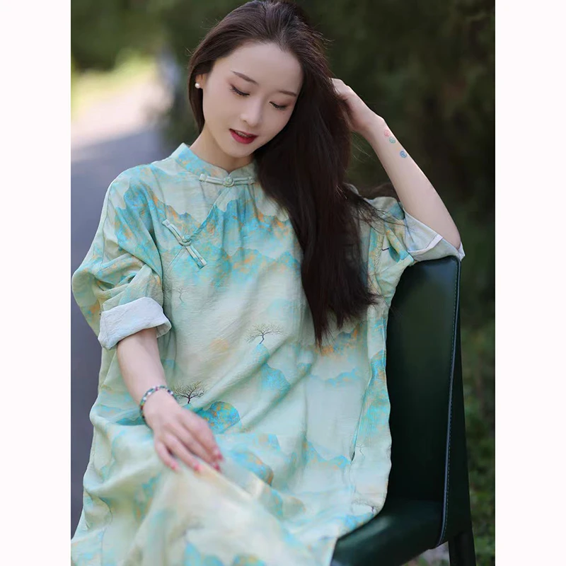 

Spring Summer Chinese Style Women Half Sleeve Loose Long Dresses Vintage Button Print Cotton Linen A-line Dress Good Quality JM8