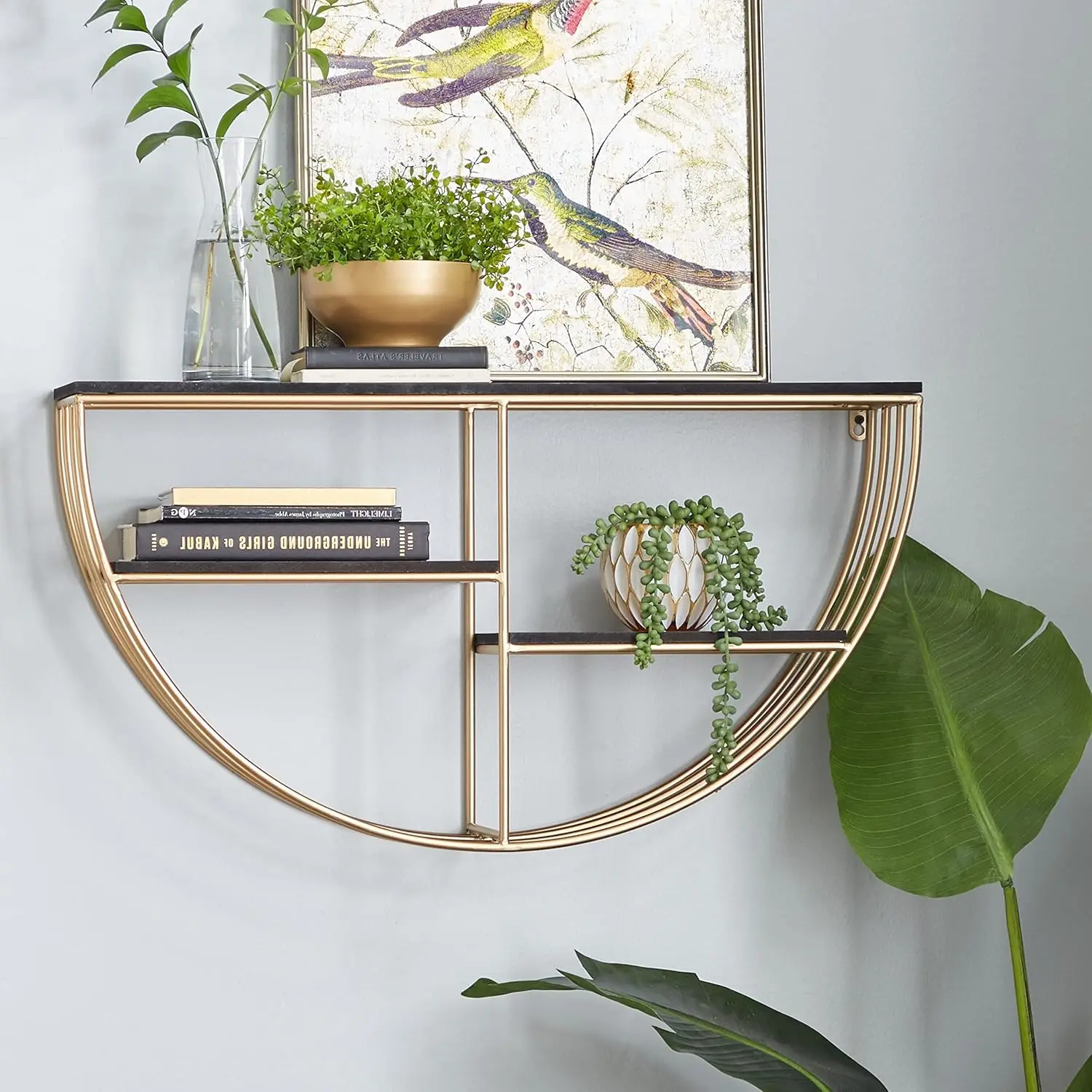 

Antique Gold Metal Decorative Wall Shelf Black Modern Contemporary Iron MDF Goldtone Finish Includes Hardware Storage