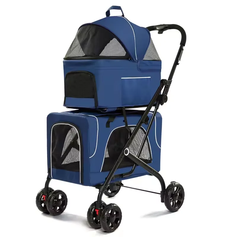 Hot Selling Dubbeldeks Kinderwagen voor huisdieren Aparte hondenwandelwagen Outdoor Lichtgewicht boven- en onderhuisdierkinderwagen