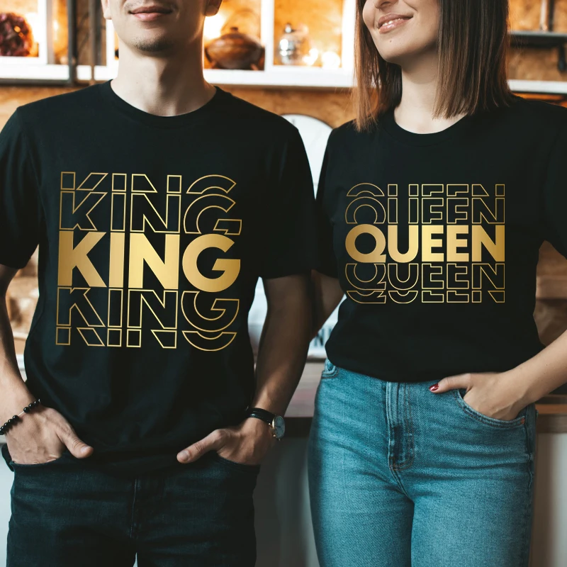 

King and Queen Golden Letter Couple Matching T-Shirts Vintage Women Men Short Sleeve Crewneck Tees Husband Wife Anniversary Gift