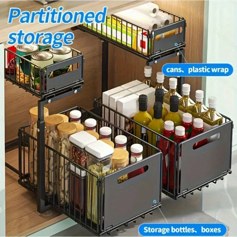 2 الطبقة سحب خارج خزانة منظم درج ارتفاع قابل للتعديل رف المطبخ للخزانة تحت الحوض المنظم برطمان توابل تخزين الرف