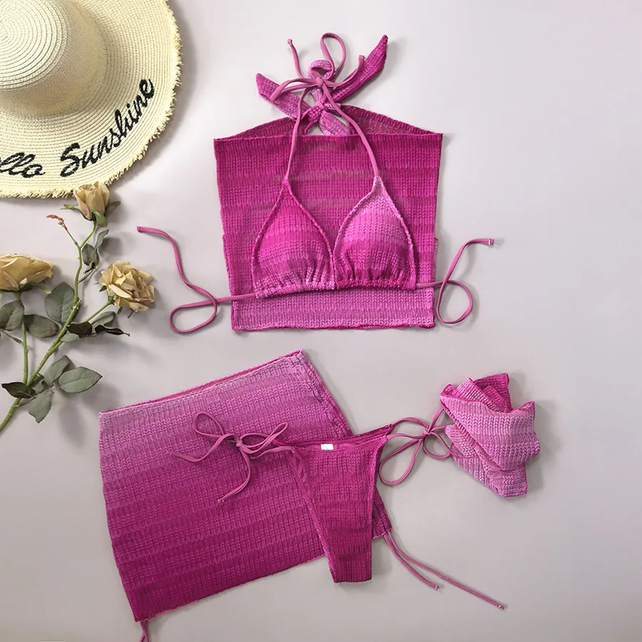 Sexy String Halter Triangle 4 Piece Bikini Set Crop Tops Skirts Rose Red Gradient Swimwear Micro Thong Sexy Swimsuit Women 2026