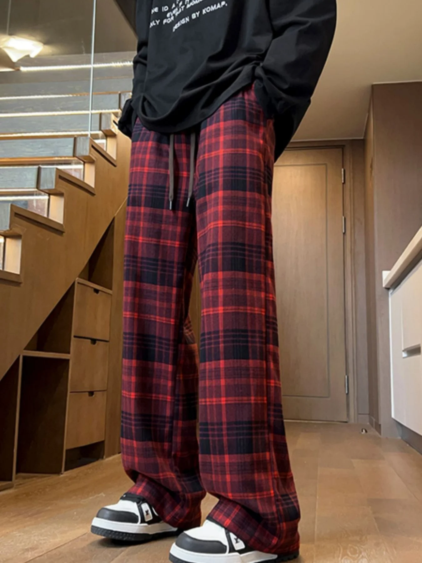 Lazy Design Koreaanse stijl herfst en winter nieuwe fleece gevoerde dikke geruite broek voor dames, losse casual veelzijdige afslankende warme fleece gevoerde wijde broek met hoge taille voor dames